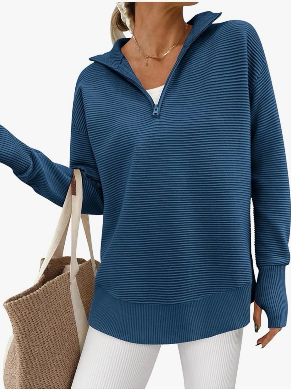 Relaxed Ribbed Half-Zip Tunic Sweater - Blue